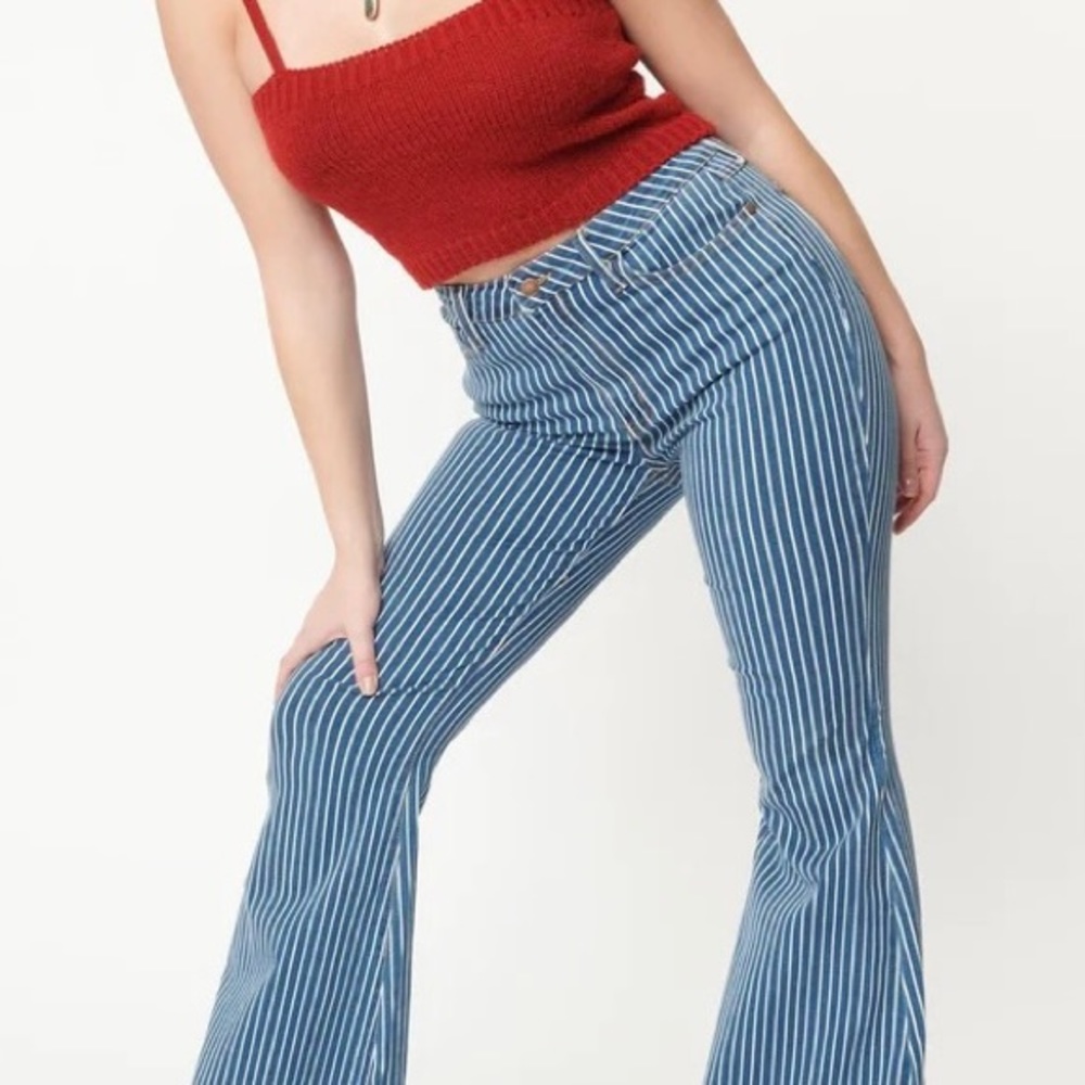 7 For All Mankind Blue Striped Vintage Railroad Bootcut Jeans - Picture 1 of 9